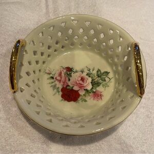 Baum Bros. Vintage Victorian Floral China Trinket Basket with Gold Handles